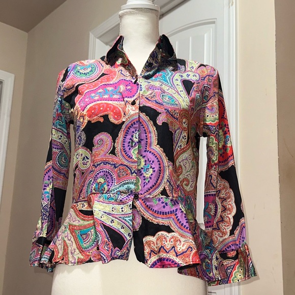 Lauren by Ralph Lauren vibrant paisley button up blouse - Picture 2 of 12